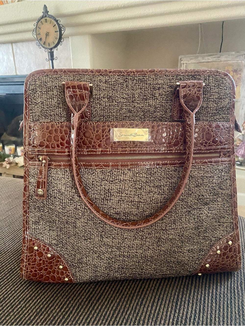NEW Samantha Brown Travel Tote Tweed with Croc-Accent Trim